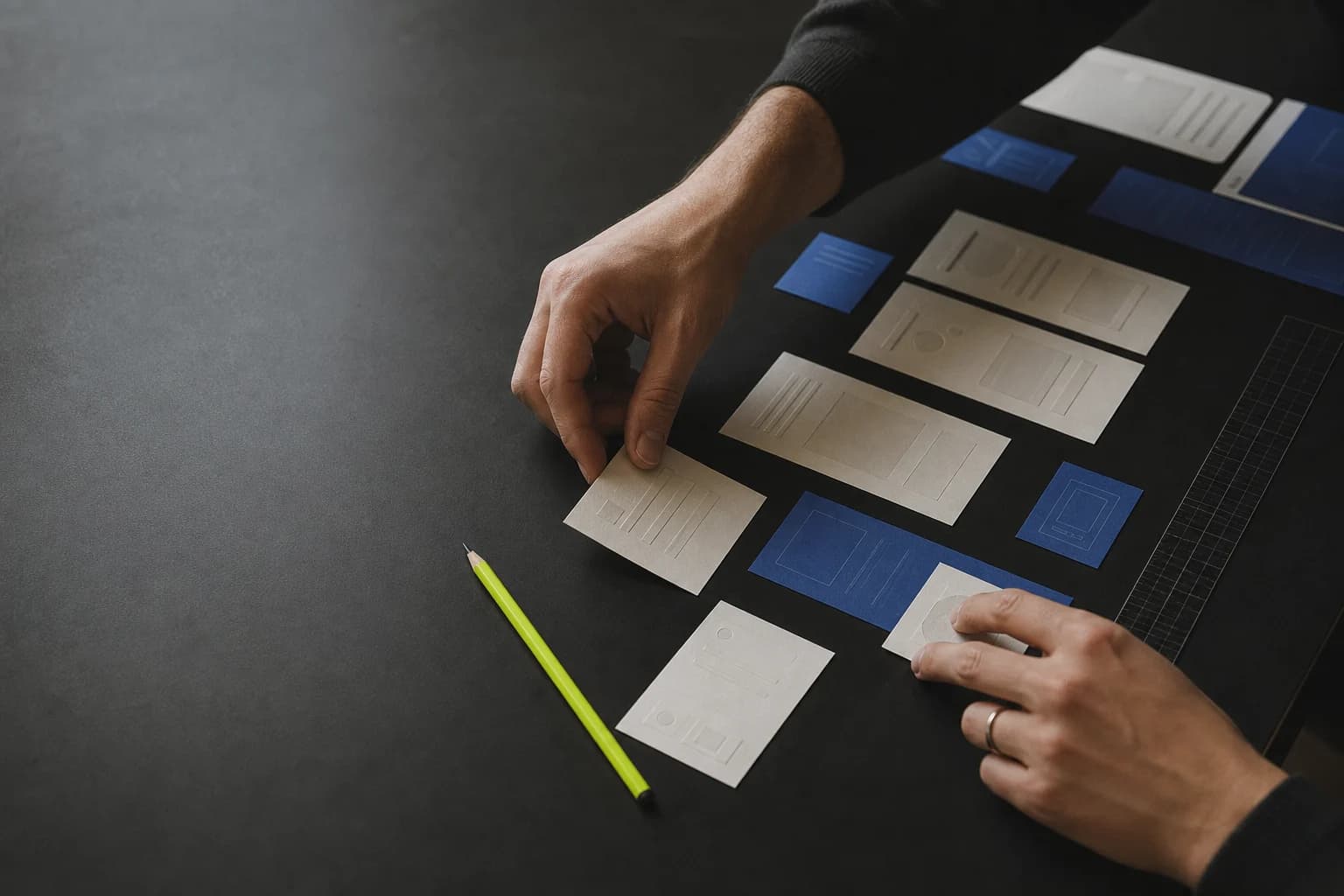 Designers arranging paper interface cards on a dark worktable